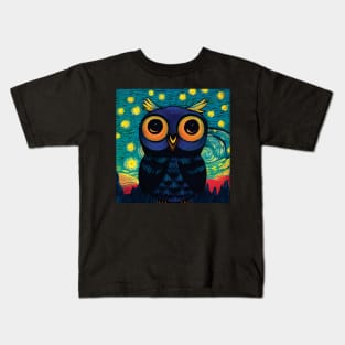 Owl in Van Gogh Style Starry Night Sky with Red Fields Kids T-Shirt